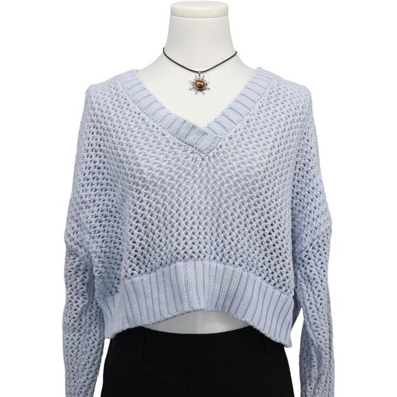 Aerie Light Blue Cropped Open Knit Sweater Soft Girl Cozycore M - Picture 1 of 6